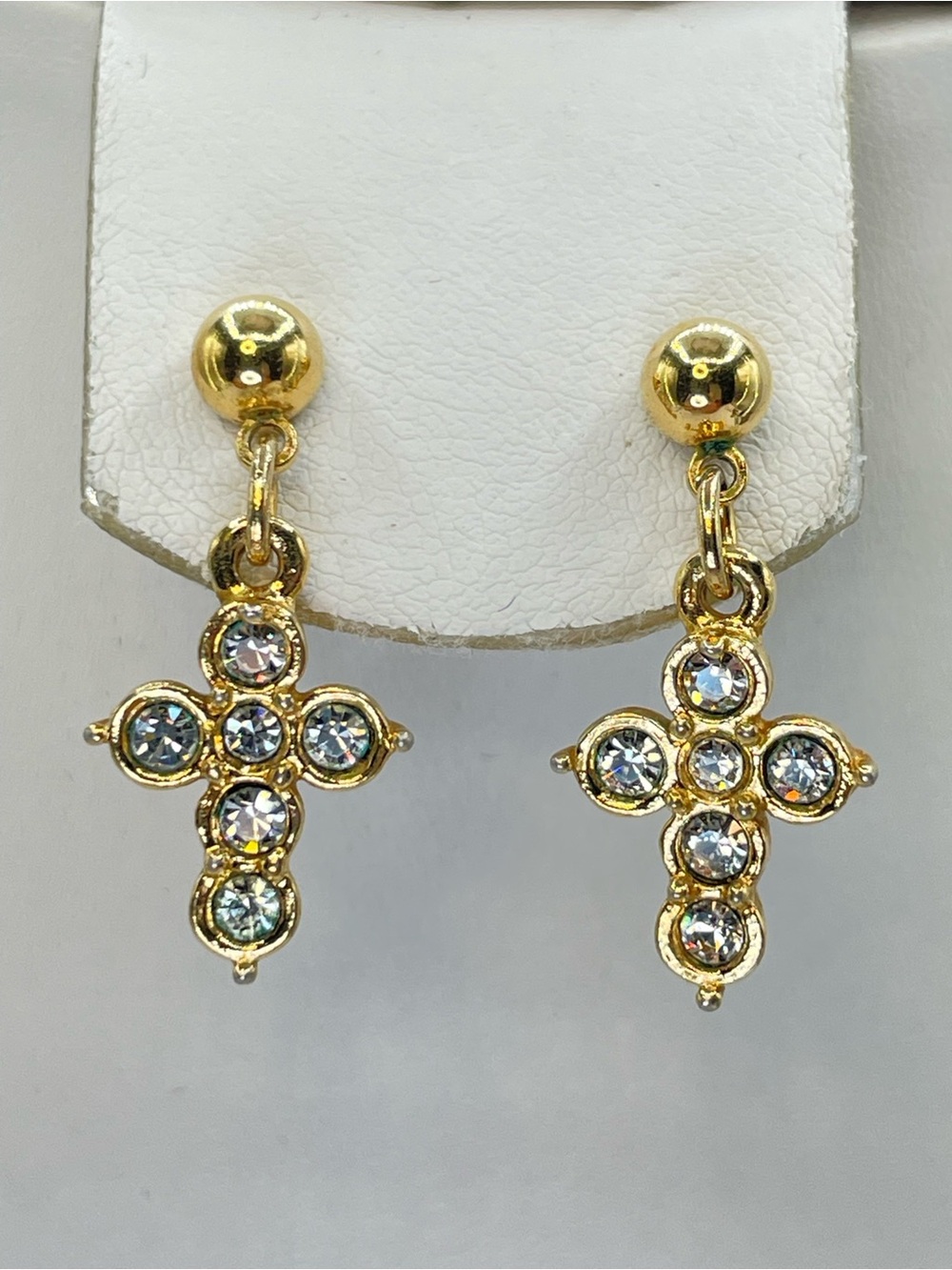 Gold Tone Clear Rhinestone Cross Dangle Earrings Religious Faith Jewelry
